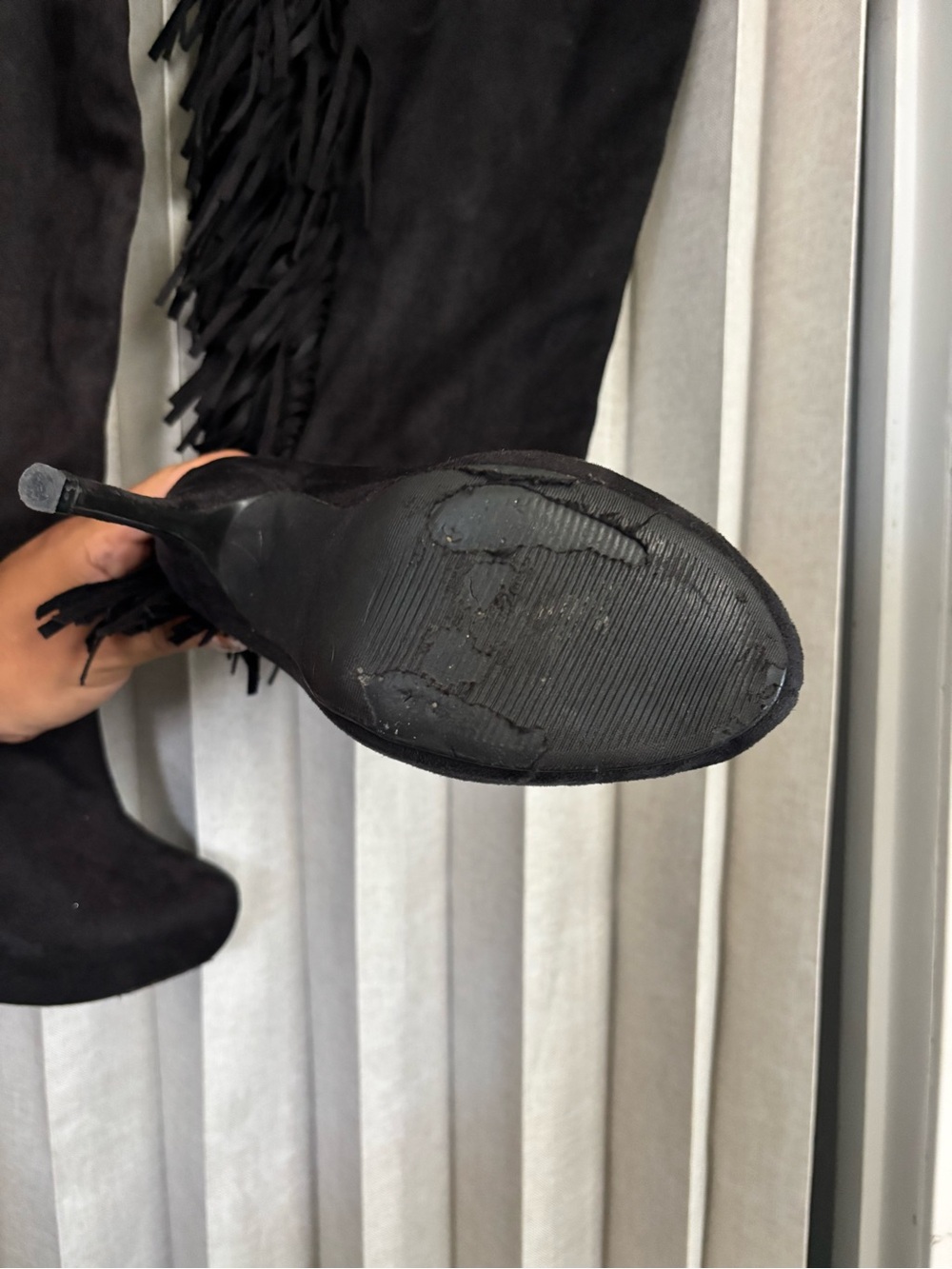 Black Suede Fringe High Heel Boots - Women